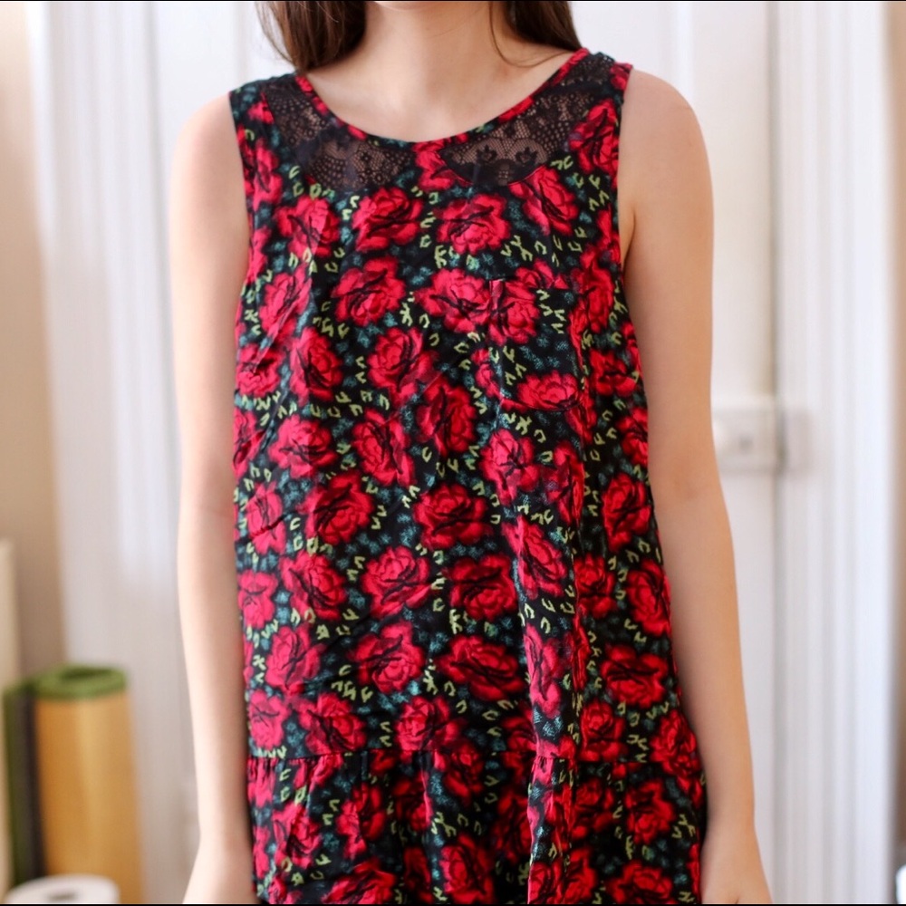 Free People Sleeveless Red Rose Floral Print Black Lace Panel Top